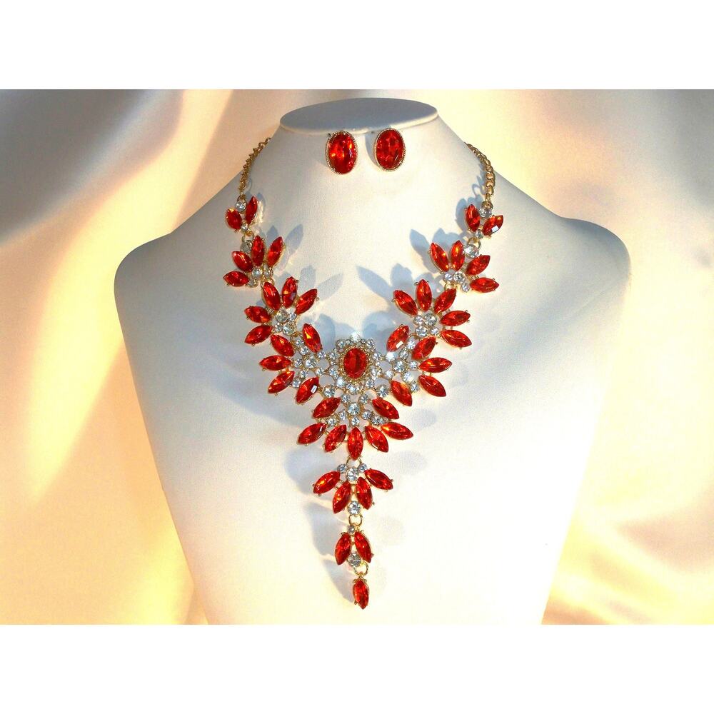 Red Rhinestone necklace set, wedding MOB  prom party formal evening necklace